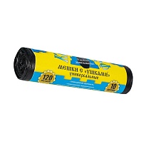 Мешки для мусора 120 л, с ушками, черные, в рулоне 10 шт., ПНД, 13 мкм, 1050х680 мм, Крепакоф, 4607075710436 в Ачинске