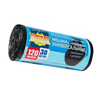 Мешки для мусора 120 л, с ушками, черные, в рулоне 30 шт., ПНД, 15 мкм, 1100х700 мм, Крепак, 4607075710375 в Ачинске